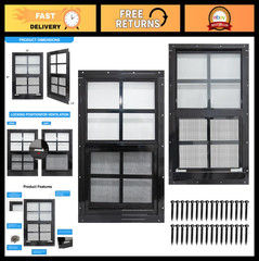 2 Pack 12×18 Shed Windows with Black Frame, Tempered Glass & Screen for Coop, Ga