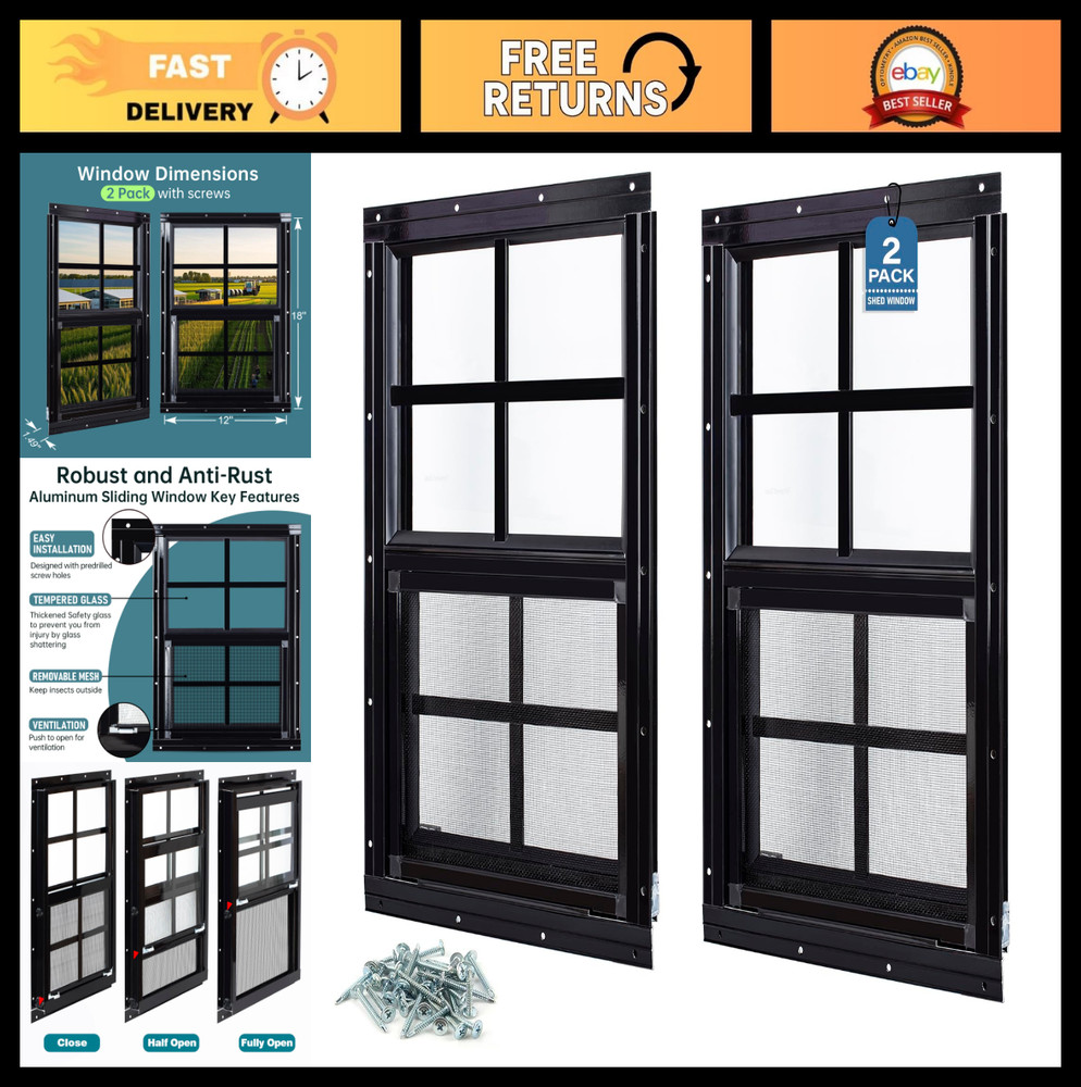 2 Pack 12″x18″ Flush Mount Shed Windows with Tempered Glass & Screen – Ideal for