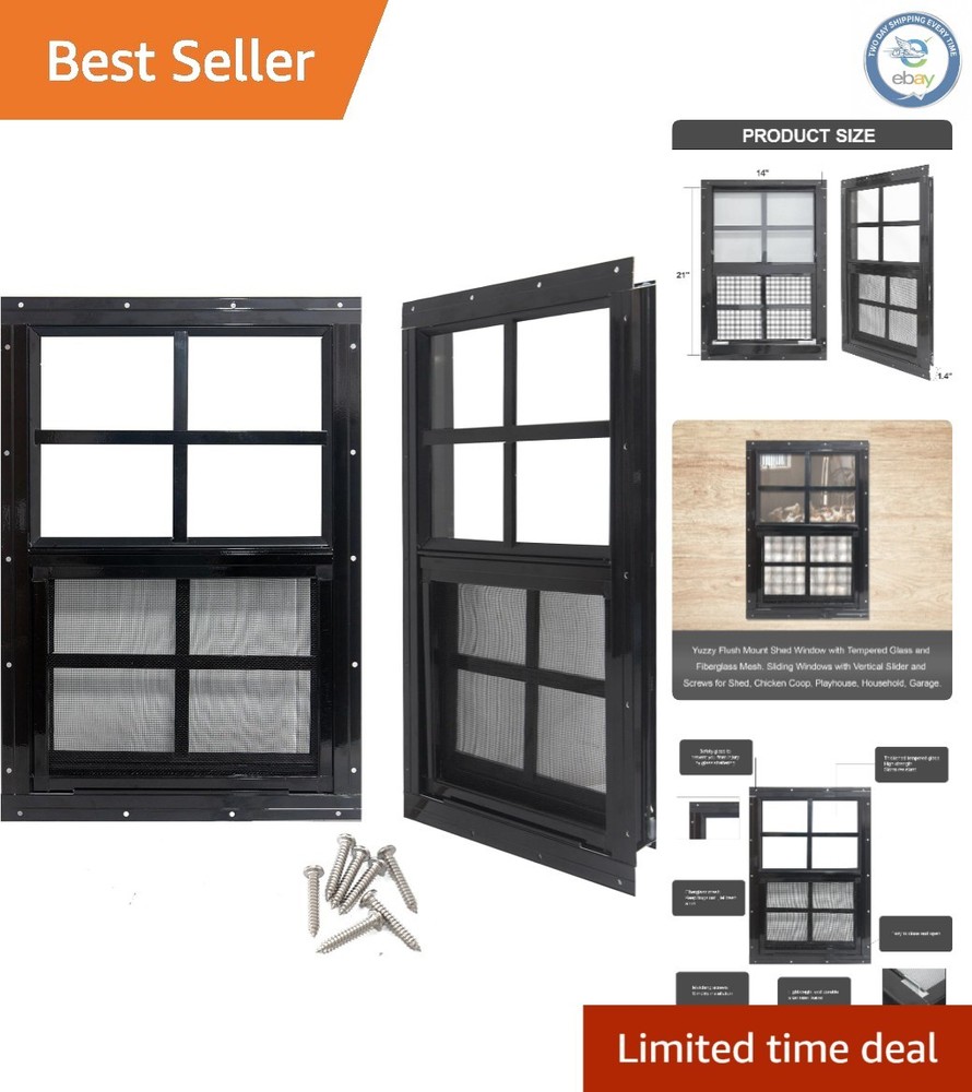 Weather-Resistant Black Shed Windows 14″ x 21″ with Tempered Glass – 2 Pack