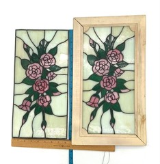 2 Slag Glass Windows One Framed for Repair Craft DIY Project Floral Design Rose
