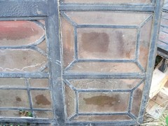 Vintage Leaded Brown Glass Steel Full Casement Window, 61 1/2″ x 39 1/4″