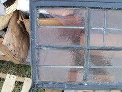 Vintage Leaded Brown Glass Steel Full Casement Window, 61 1/2″ x 39 1/4″