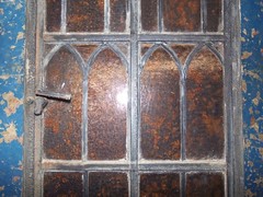 Vintage Leaded Brown Glass Steel Casement Window, 36 3/8″ x 20″