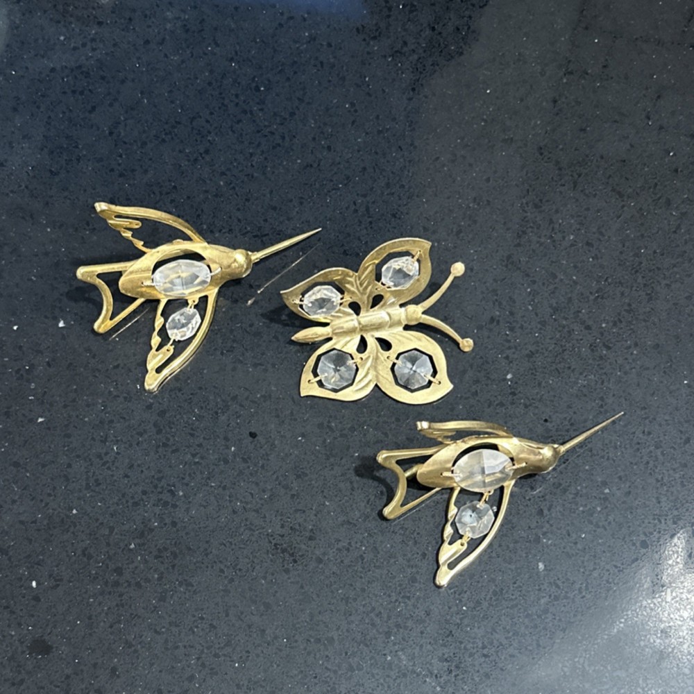 Gold Tone Butterfly and Bird window hangers with Clear Glass Stones Set of 3