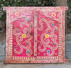 Hand Painted Pink Wooden Window Bone Inlay Designs Indian Floral Wall Decor