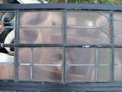 Vintage Leaded Brown Glass Steel Full Casement Window, 61 1/2″ x 39 1/4″