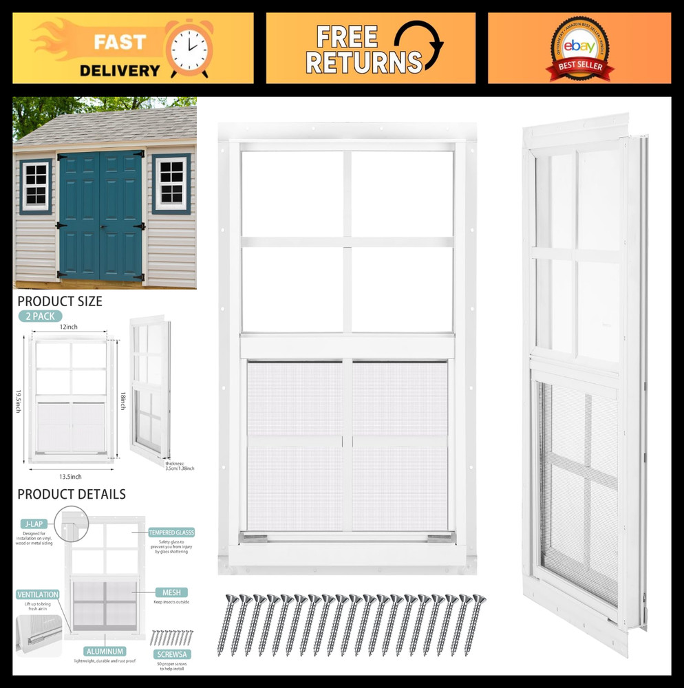 2 Pack 12″x18″ Sliding Shed Windows – White Flush Mount with Tempered Glass & Sc