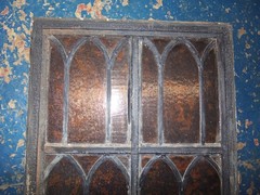 Vintage Leaded Brown Glass Steel Casement Window, 36 3/8″ x 20″