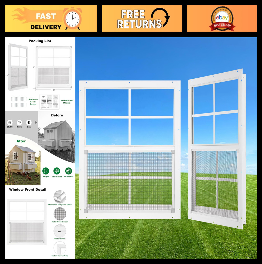 24″ x 27″ Sliding Shed Windows 2 Pack, Tempered Glass & Metal Screen, Flush Moun