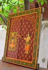 Antique Hand-Painted Indian Wooden Window Panel with Krishna Art Hanging Frame