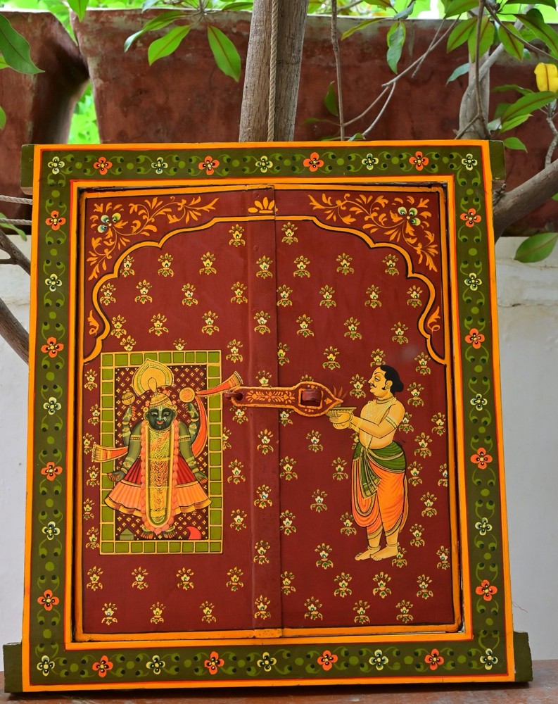 Antique Hand-Painted Indian Wooden Window Panel with Krishna Art Hanging Frame