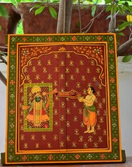 Antique Hand-Painted Indian Wooden Window Panel with Krishna Art Hanging Frame