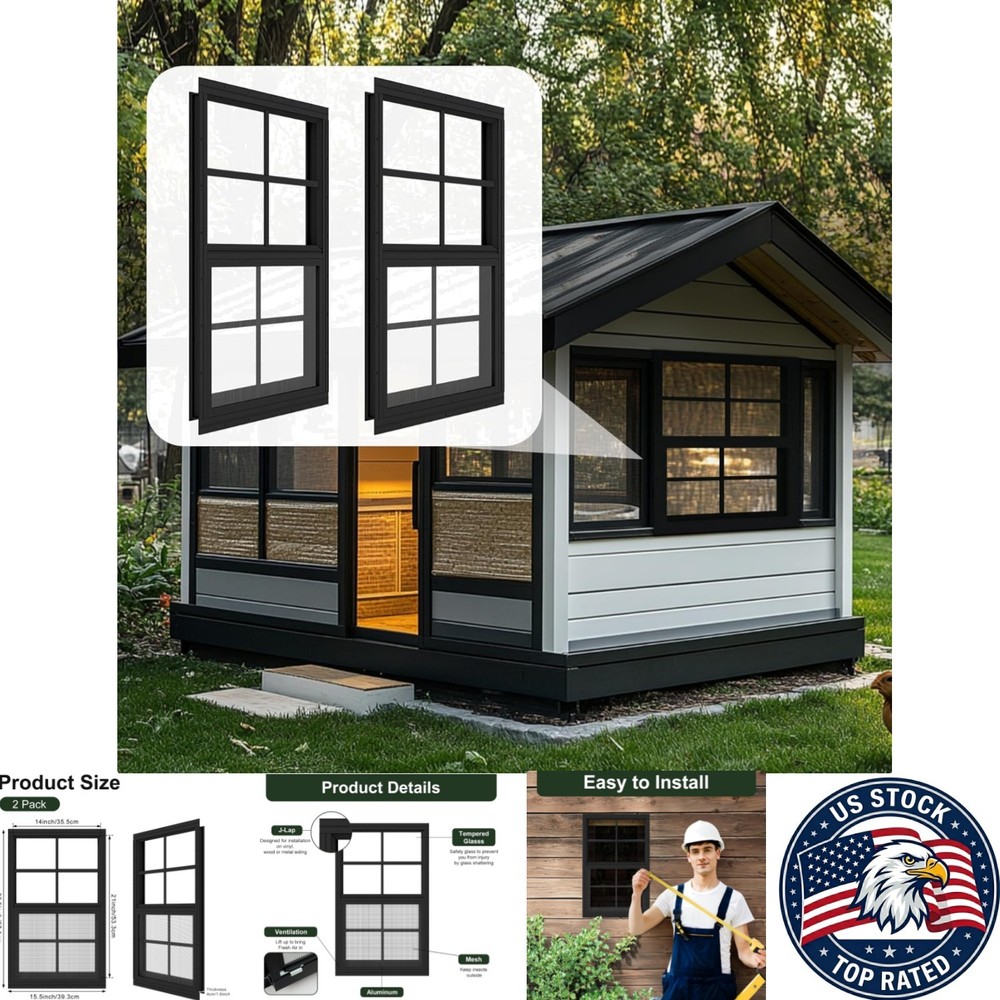 Weather-Resistant 14″ x 21″ Shed Windows with Fiberglass Screen – 2 Pack
