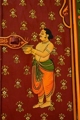 Antique Hand-Painted Indian Wooden Window Panel with Krishna Art Hanging Frame
