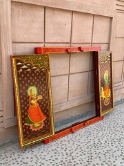 Radha Krishna Hand Painted Wooden Window Religious Hindu Deity Wall Decor Frame