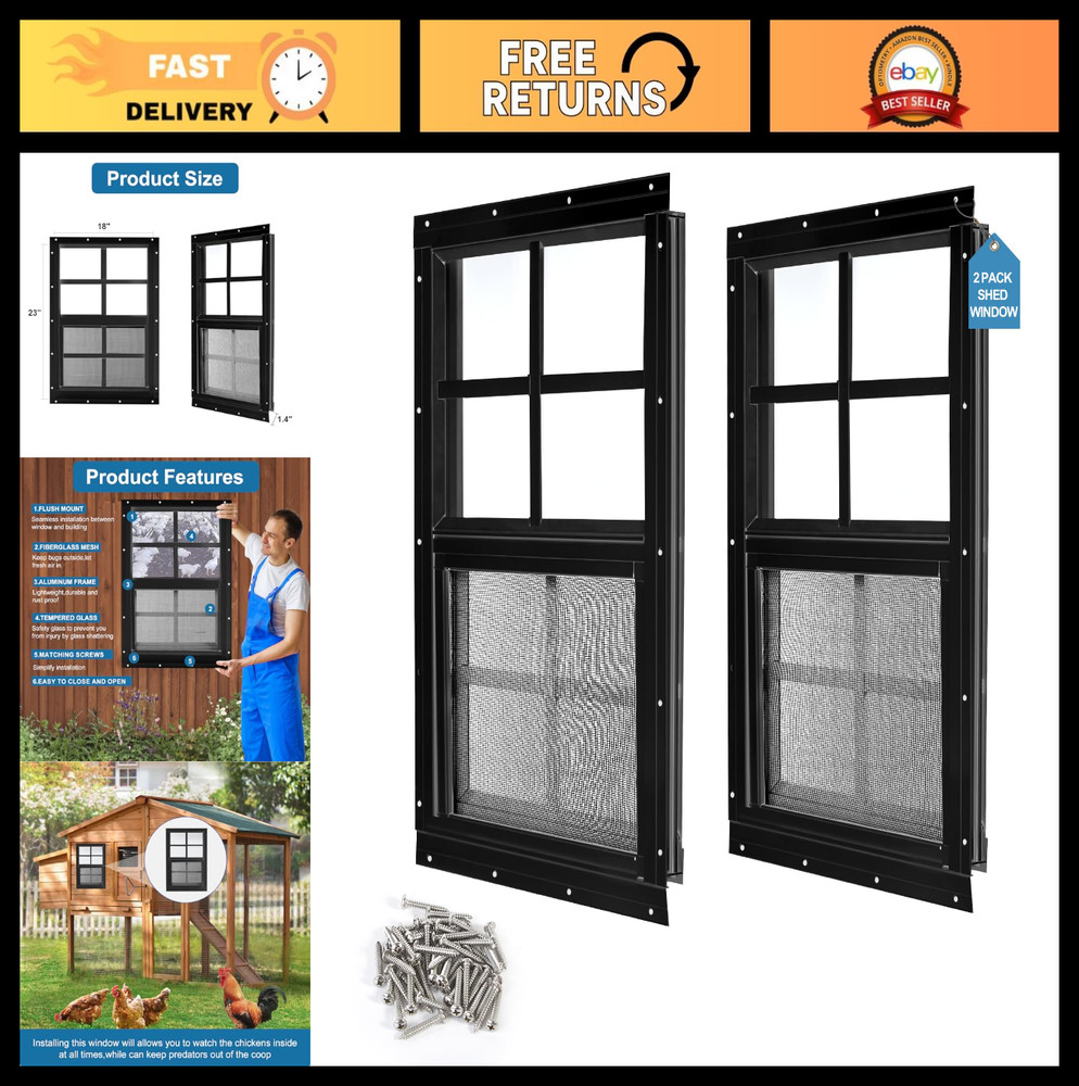 2 Pack 18″x23″ Black Flush Mount Shed Windows with Tempered Glass & Screen – Ide