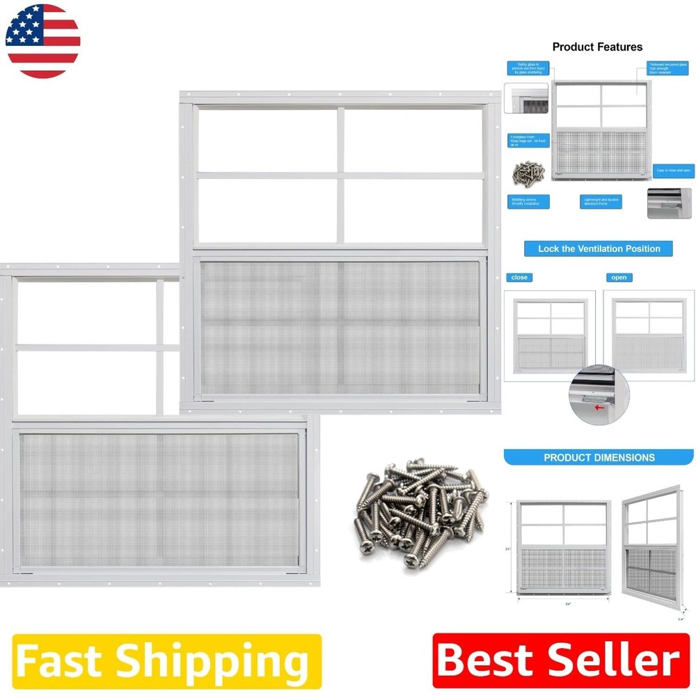 Durable Shed Windows 24″x24″ White, Tempered Glass, Rust-Free, Easy Install, 2PK
