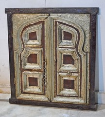 Antique Wooden Wall Décor Window Panel Frame Arch Design White Metal Fitted