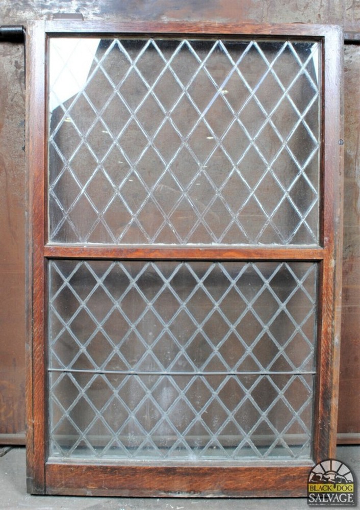 Leaded Glass Window in Oak Sash, 32″ x 49 1/8″, Diamond Pattern