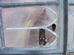 Vintage Leaded Brown Glass Steel Full Casement Window, 61 1/2″ x 39 1/4″
