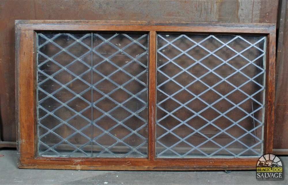 28″ x 49″ Leaded Glass Window in Oak Sash, Diamond Pattern