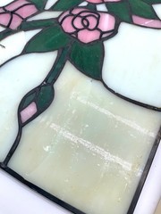2 Slag Glass Windows One Framed for Repair Craft DIY Project Floral Design Rose