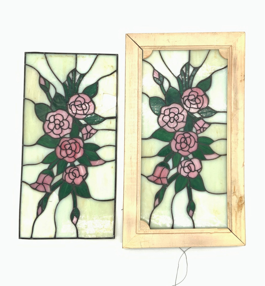 2 Slag Glass Windows One Framed for Repair Craft DIY Project Floral Design Rose