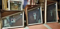 Andersen 400 Series Trapezoid Roof Pitch Windows 3 Window Set Sandtone 144″x72″
