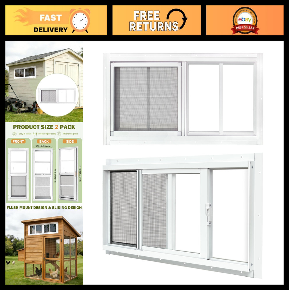 2 Pack 10″x18″ White Sliding Shed Windows for Chicken Coop, Barn, Home – Tempere