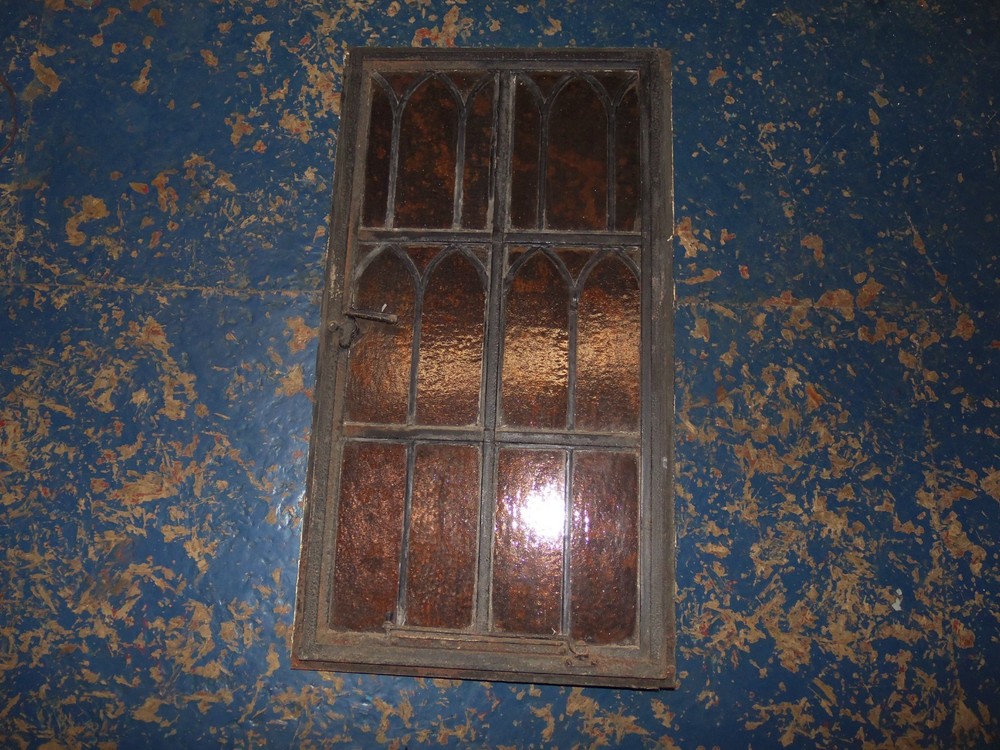 Vintage Leaded Brown Glass Steel Casement Window, 36 3/8″ x 20″