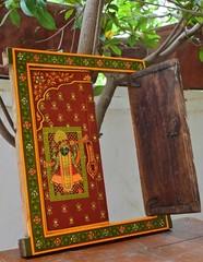 Antique Hand-Painted Indian Wooden Window Panel with Krishna Art Hanging Frame