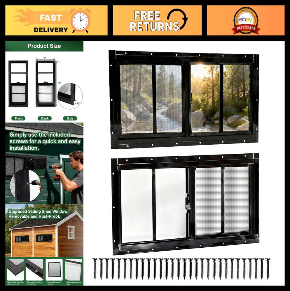 2 Pack 8″x16″ Sliding Windows with Tempered Glass & Fiberglass Screen for Shed,