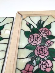 2 Slag Glass Windows One Framed for Repair Craft DIY Project Floral Design Rose