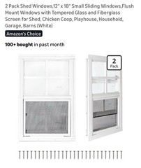 2 Pack 12×18 Flush Mount Shed Windows with Tempered Glass & Screen – White(S113)