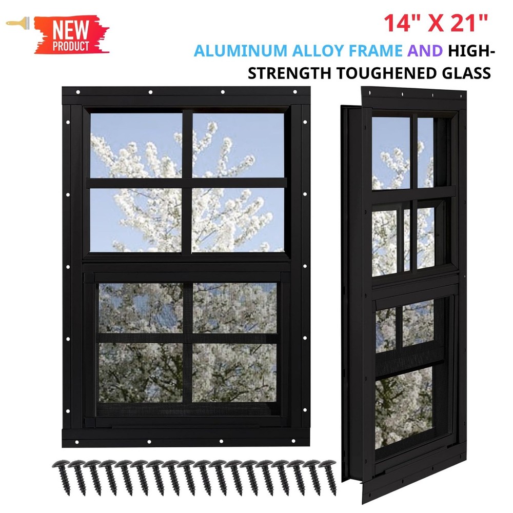 2 Pack, Chicken Coop Windows 14″ x 21″ with Tempered Glass and Fiberglass Screen