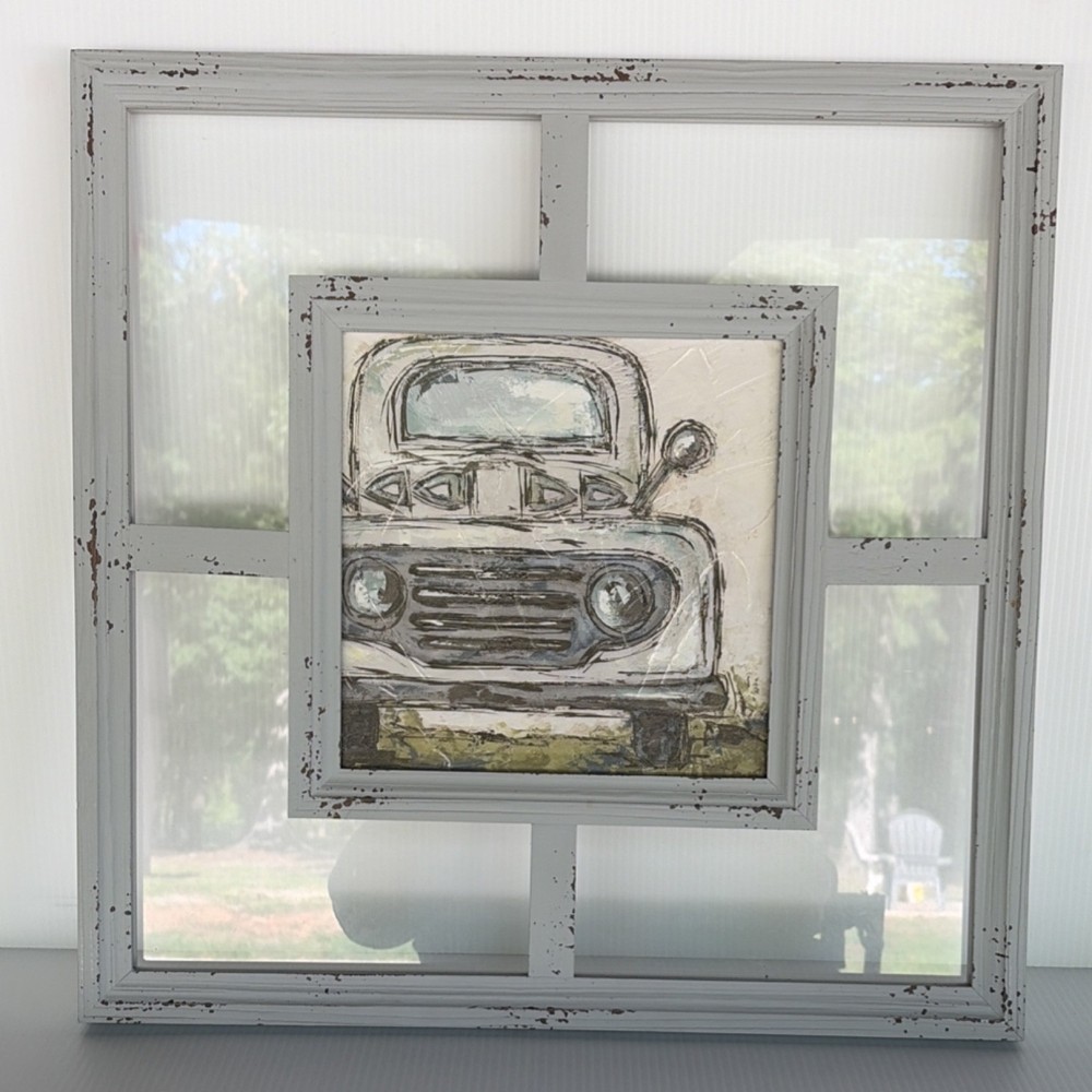 Rustic White Wood Framed Truck Picture Window, Clear Single-Pane Glass 20by20 in