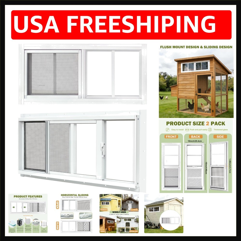 2-Pack 10″x18″ White Sliding Shed Windows with Tempered Glass and Screen