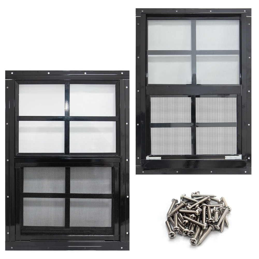 2 Pack 12×18 Shed Windows with Black Frame, Tempered Glass & Screen for Coop, Ga