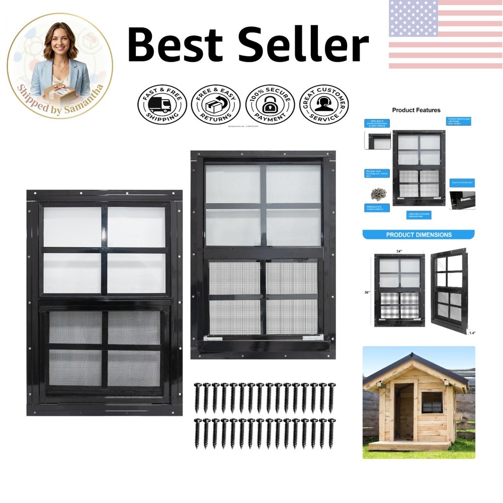 Durable 24×36 Shed Windows with Black Aluminum Frame & Fiberglass Screen, 2 Pack