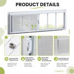 2 Pack 10″ X 29″ Shed Windows, White Aluminum Sliding Frame with Tempered Glass,