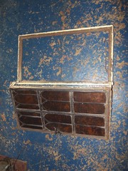 Vintage Leaded Brown Glass Steel Casement Window, 36 3/8″ x 20″