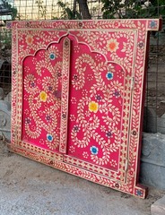Hand Painted Pink Wooden Window Bone Inlay Designs Indian Floral Wall Decor