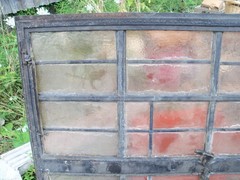 Vintage Leaded Brown Glass Steel Full Casement Window, 61 1/2″ x 39 1/4″