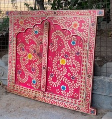 Hand Painted Pink Wooden Window Bone Inlay Designs Indian Floral Wall Decor