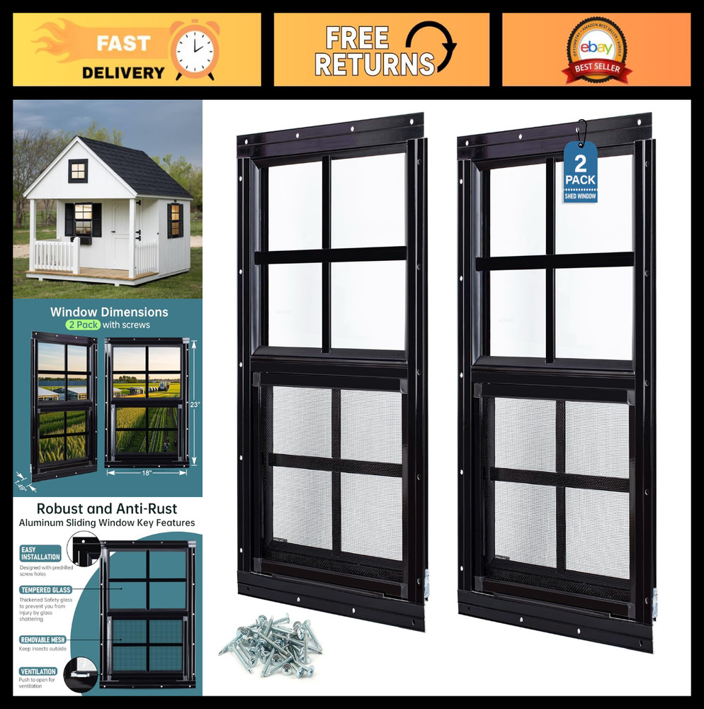 2 Pack 18″x23″ Flush Mount Shed Windows with Tempered Glass & Screen – Ideal for