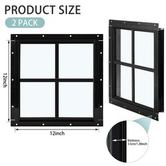 2 Pack 12″ x 12″ Black Flush Mount Shed Windows with Tempered Glass for Coop, Ba