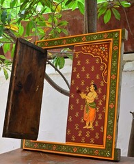 Antique Hand-Painted Indian Wooden Window Panel with Krishna Art Hanging Frame