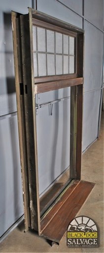 Salvaged Steel Window Frame with Leaded Glass Transom, 81.5″H x 47″W
