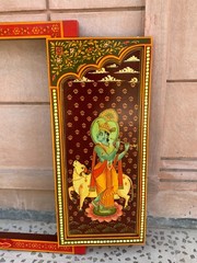 Radha Krishna Hand Painted Wooden Window Religious Hindu Deity Wall Decor Frame