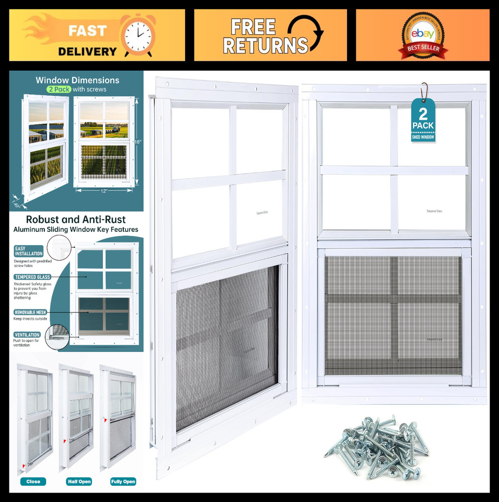 2 Pack 12″x18″ Flush Mount Shed Windows – Tempered Glass, Fiberglass Screen, Ide
